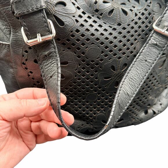 Isabella Fiore Black Leather Laser Cut Floral Shoulder Hobo Bag - Picture 7 of 16